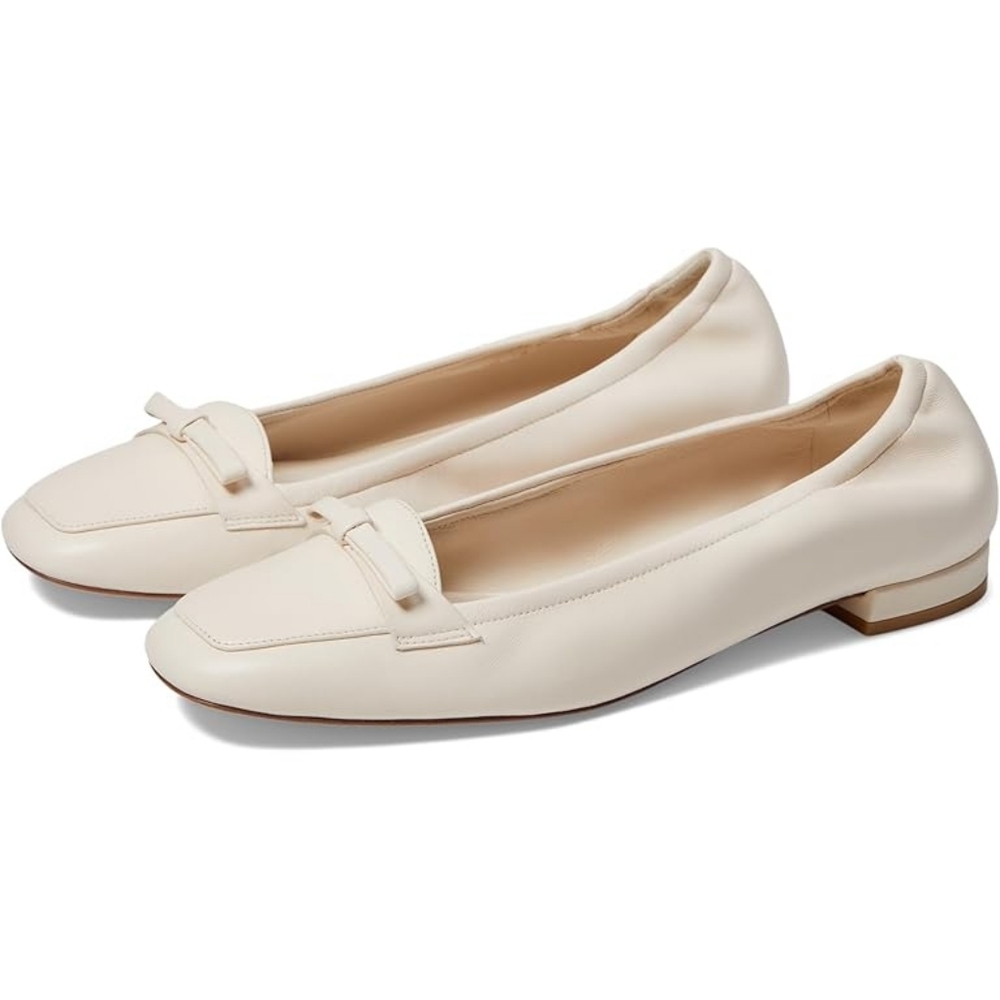 Stuart Weitzman Tully Loafer Ballet Flat Seashell White Leather Bow Square Toe